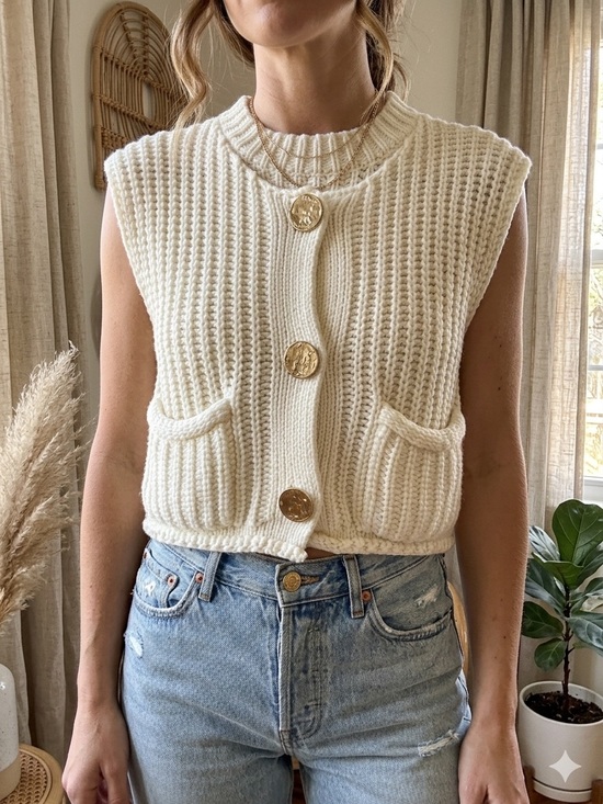Sweaters - Sleeveless Cream Knit Button-Front Sweater Vest